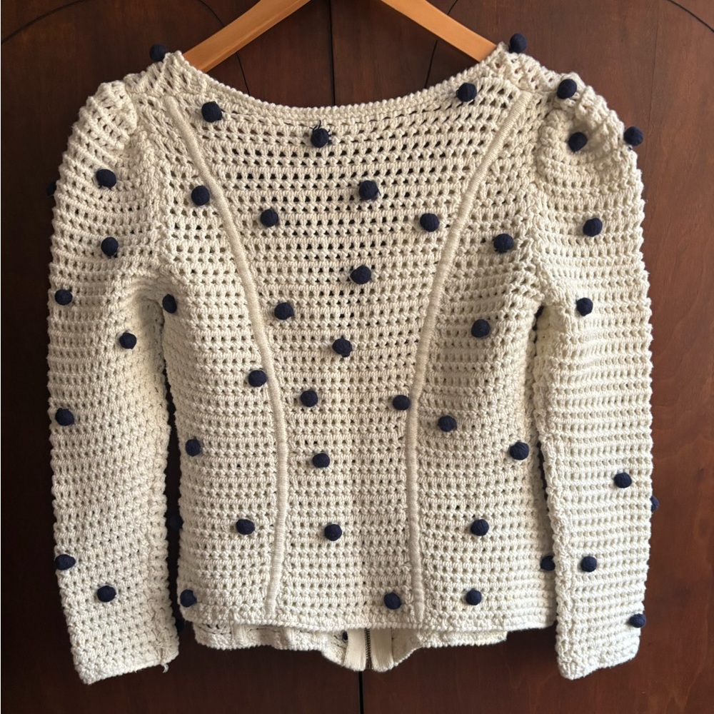 Moth Anthropology Cream Crochet Cardigan with Black Pom Detail -- S - Picture 3 of 8